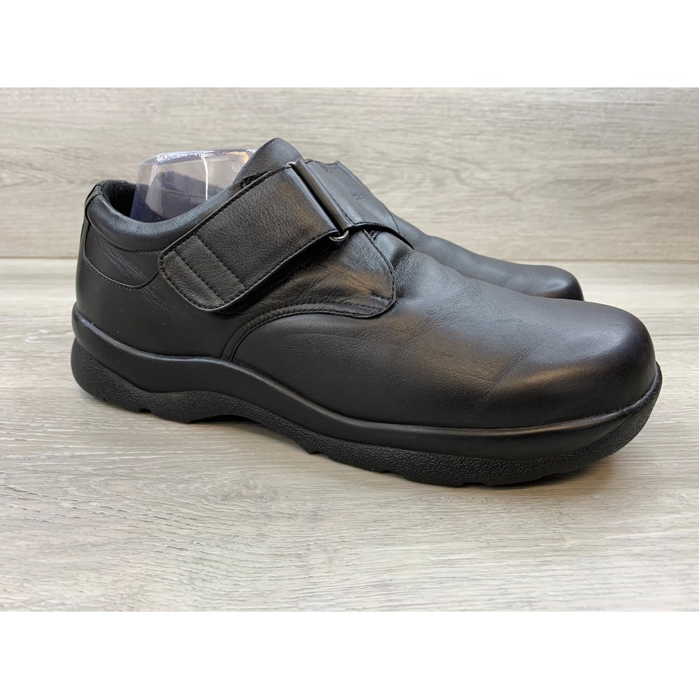 Aetrex Men's Black Leather Walking Shoes Hook Loop Strap 10 WIDE Comfort Shoes